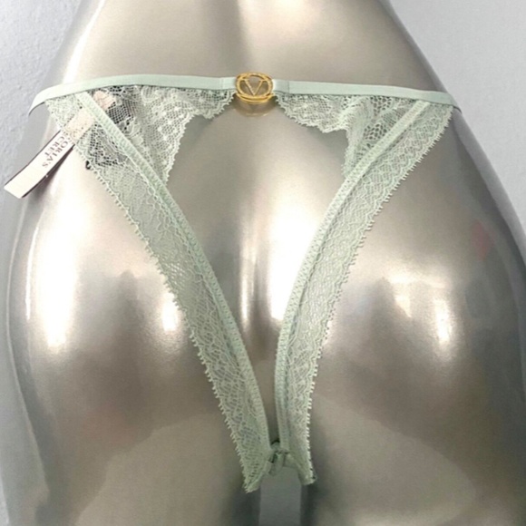 Victorias Secret Nwt Very Sexy Hazy Mint Lace Gold V Open Back String Panty - Picture 2 of 4
